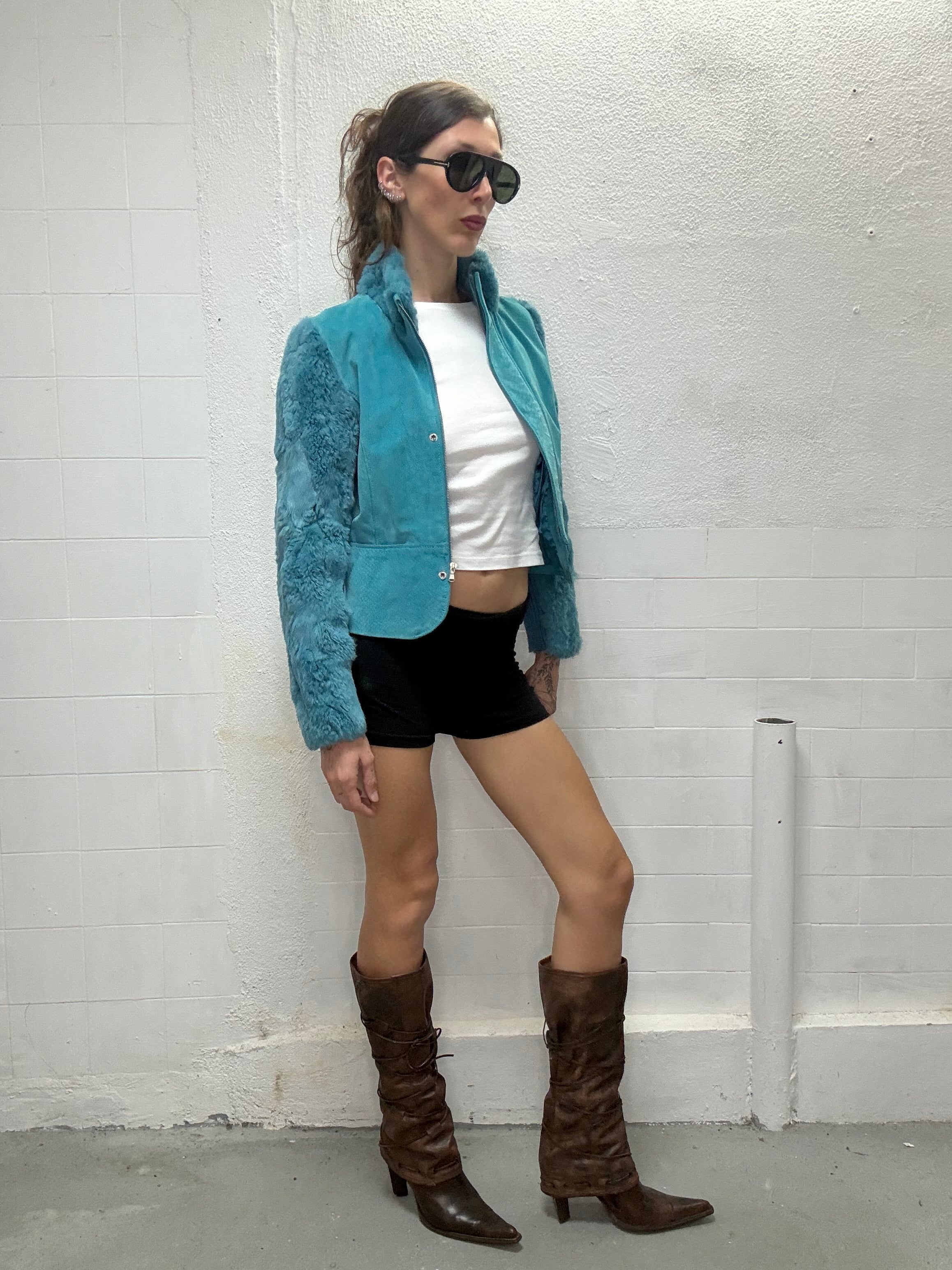 0103 REAL FUR & LEATHER BLUE JACKET