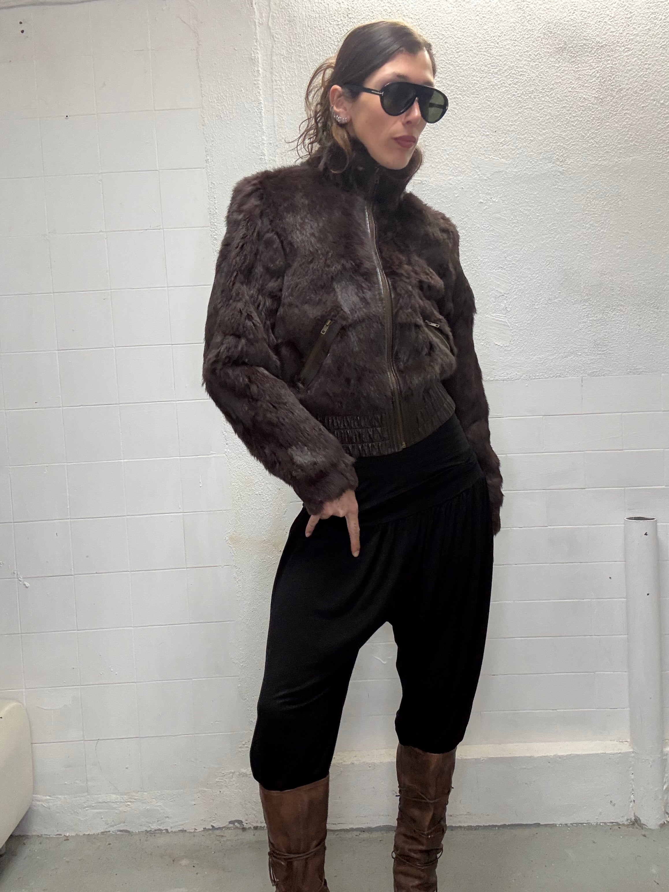 095 REAL FUR HIGH NECK BROWN JACKET