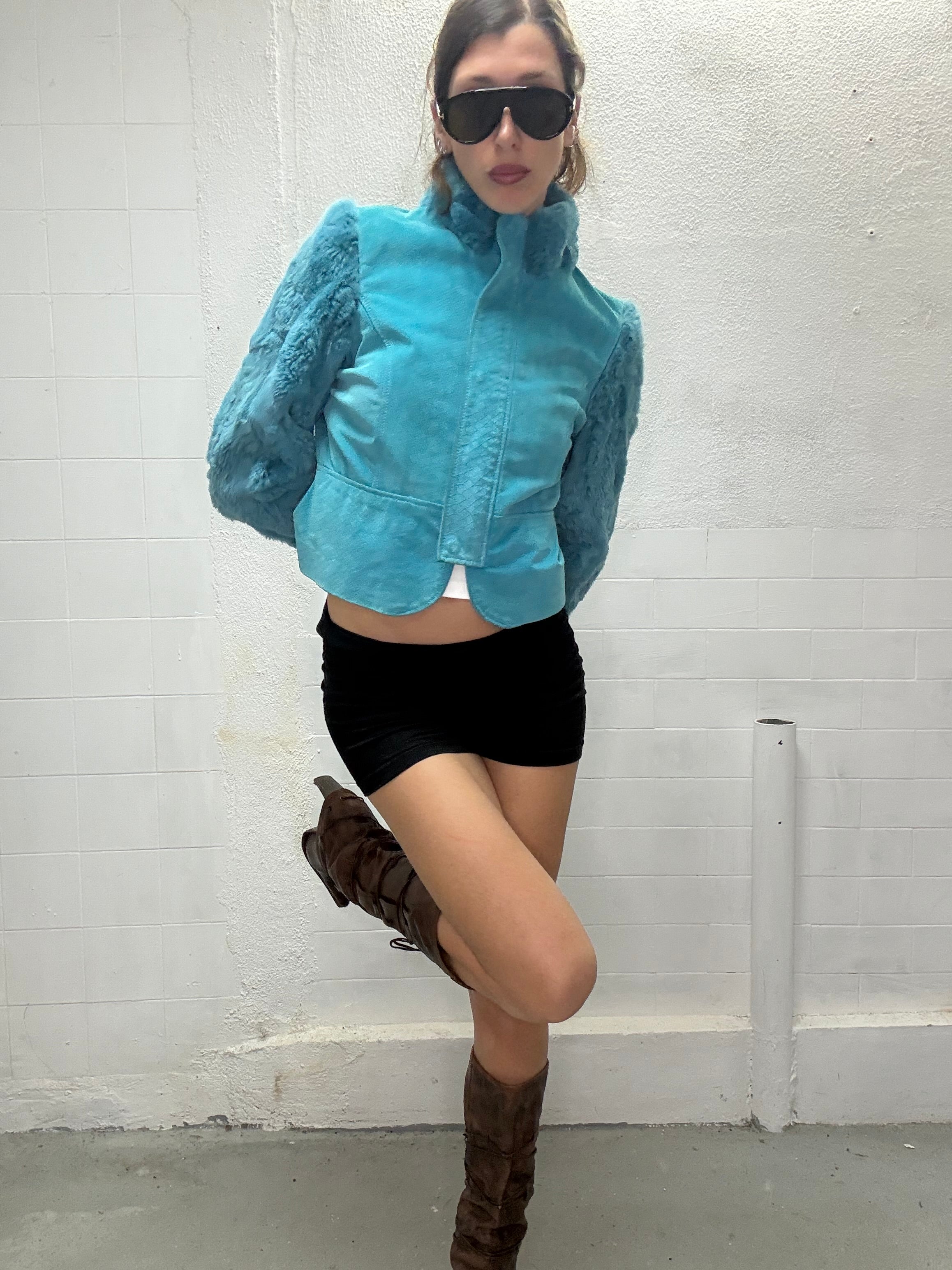 0103 REAL FUR & LEATHER BLUE JACKET