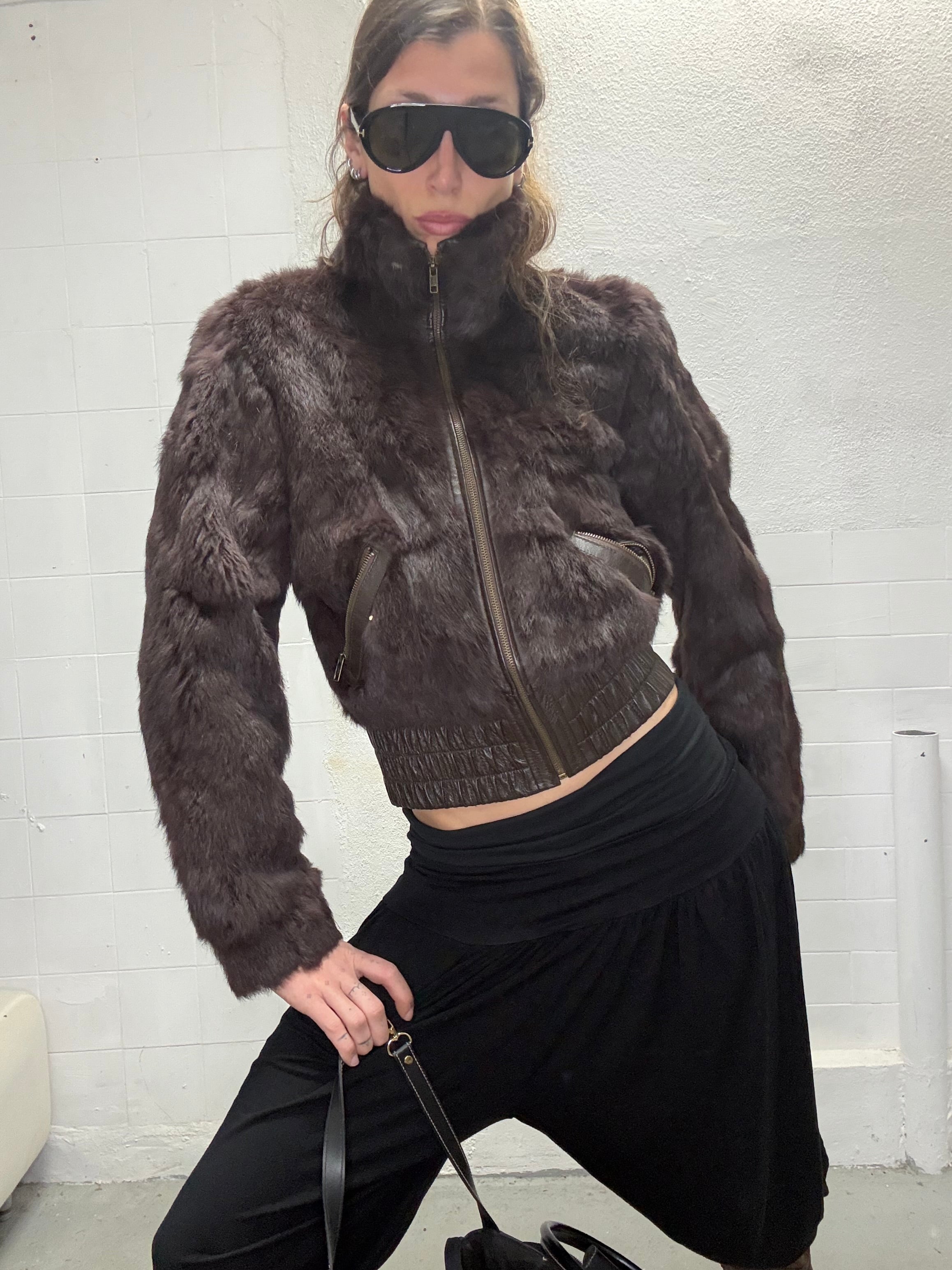 095 REAL FUR HIGH NECK BROWN JACKET