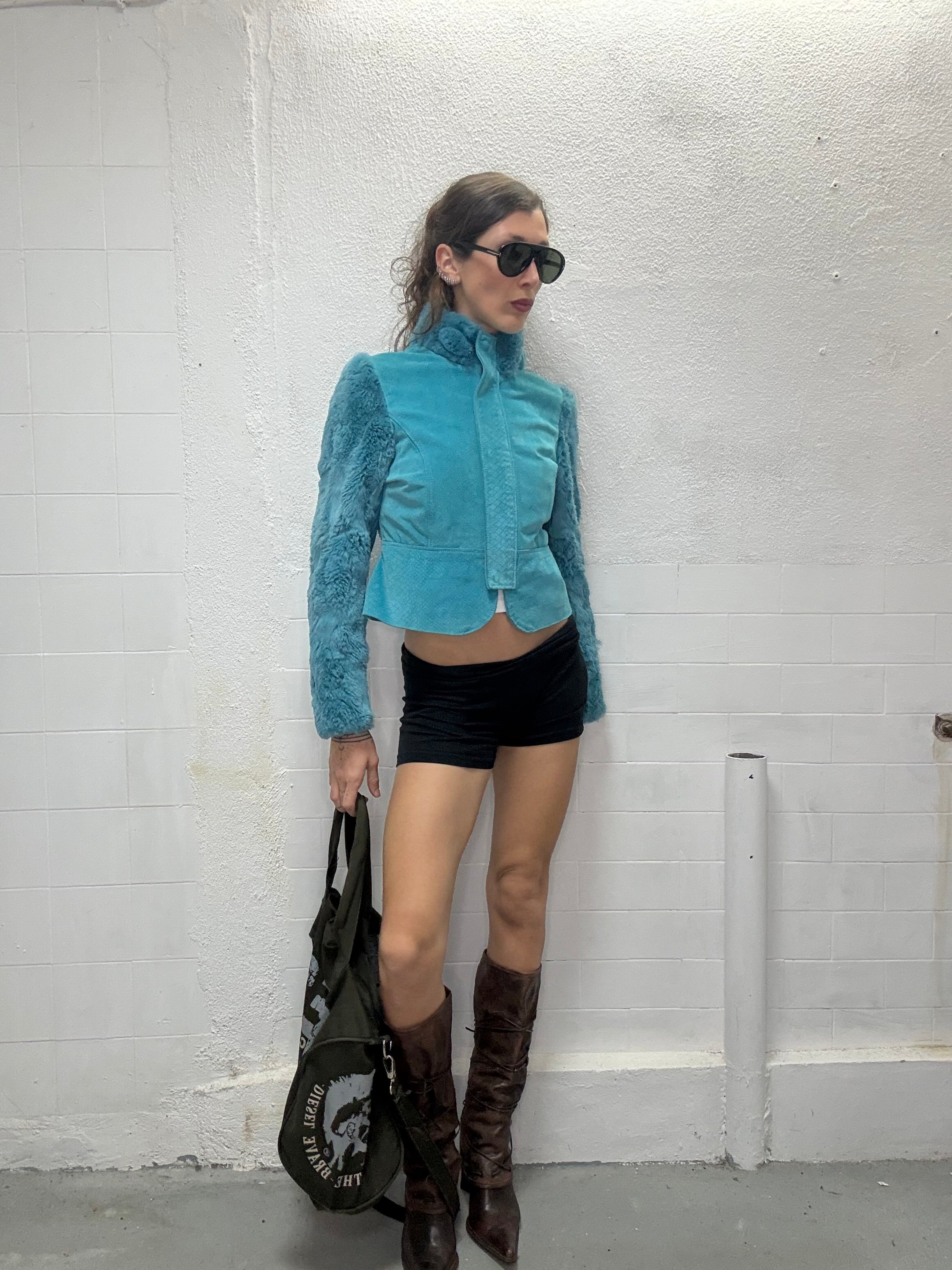 0103 REAL FUR & LEATHER BLUE JACKET