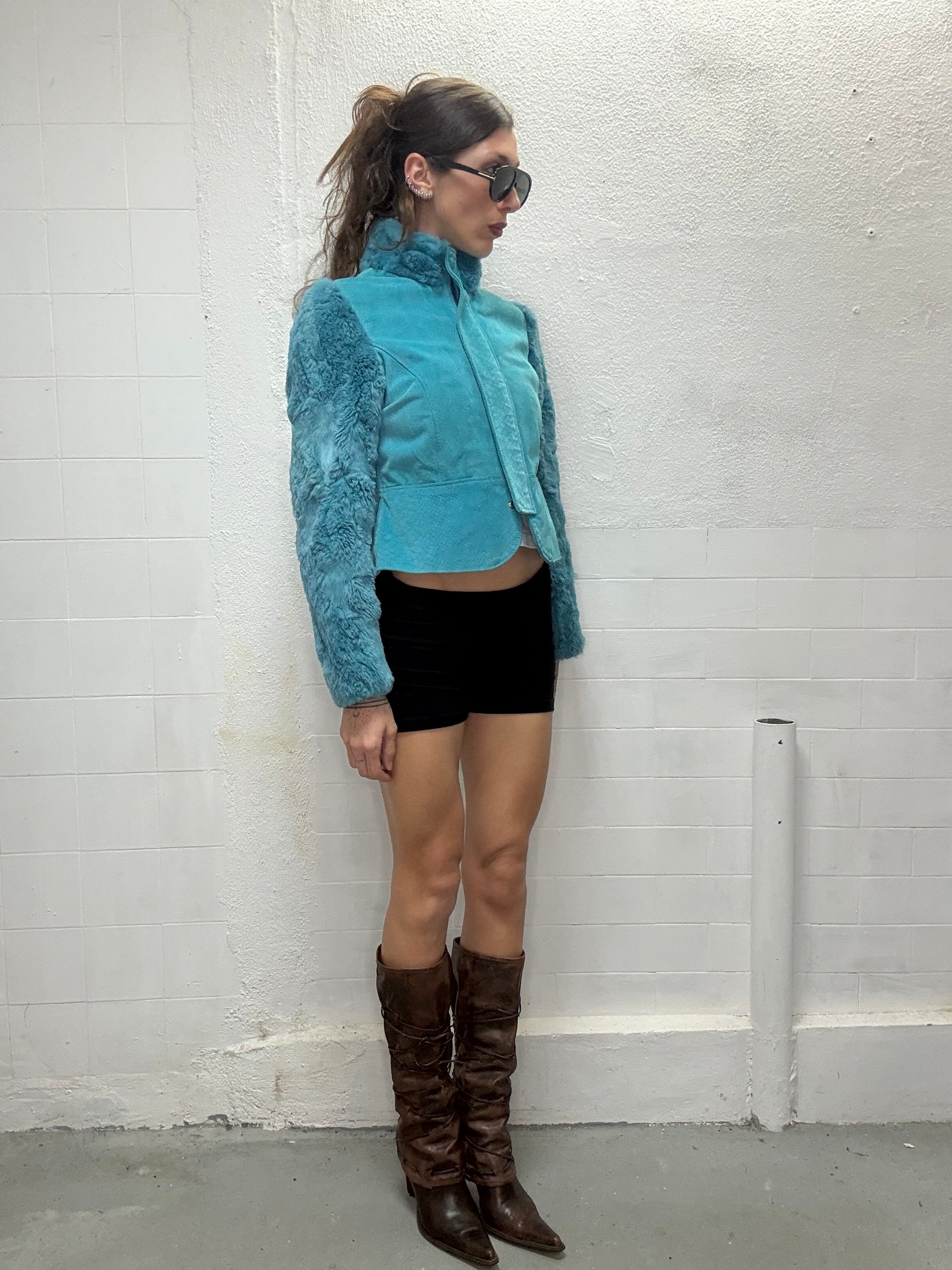0103 REAL FUR & LEATHER BLUE JACKET