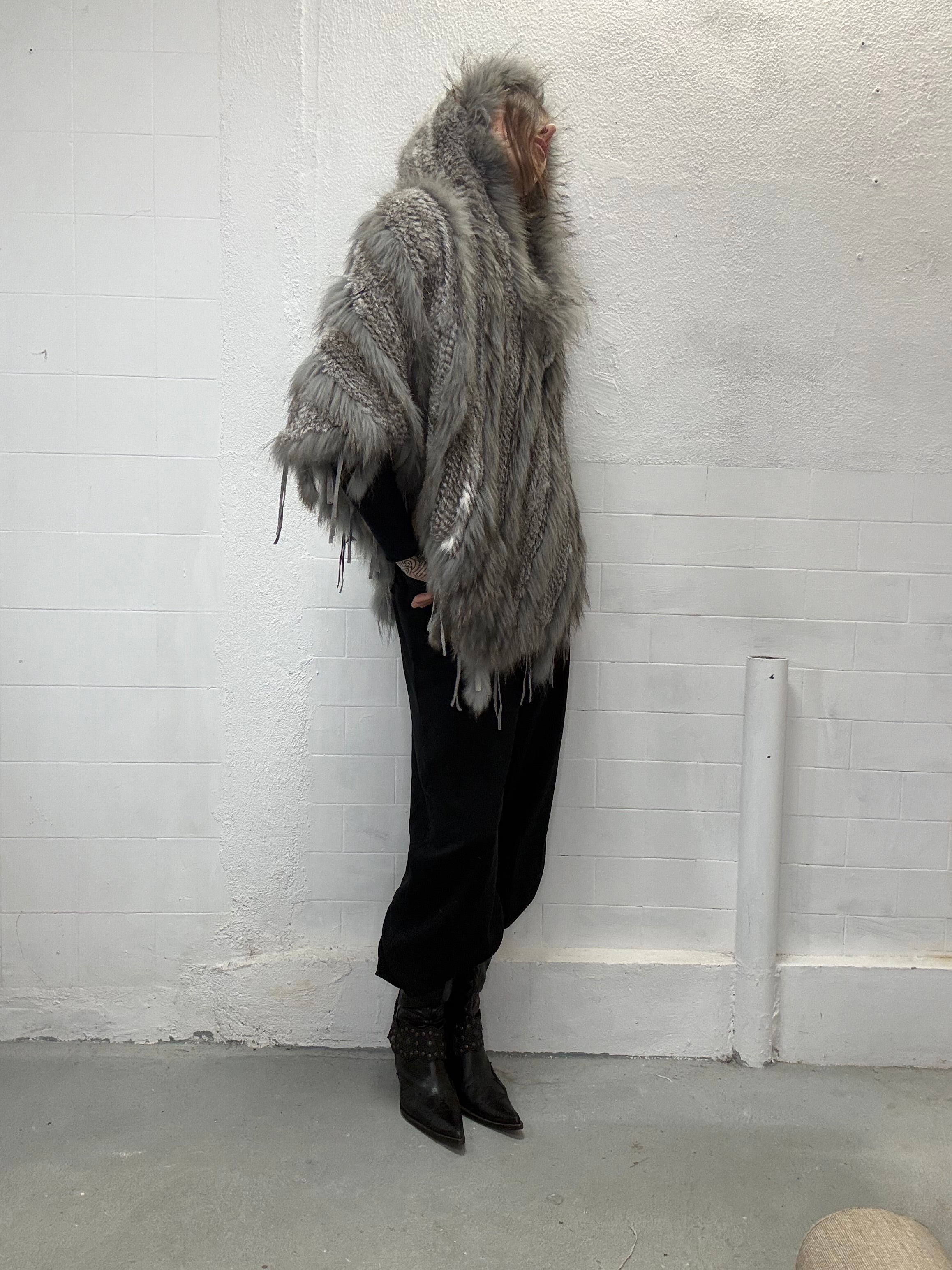 Vintage real fur hood poncho with relaxed silhouette