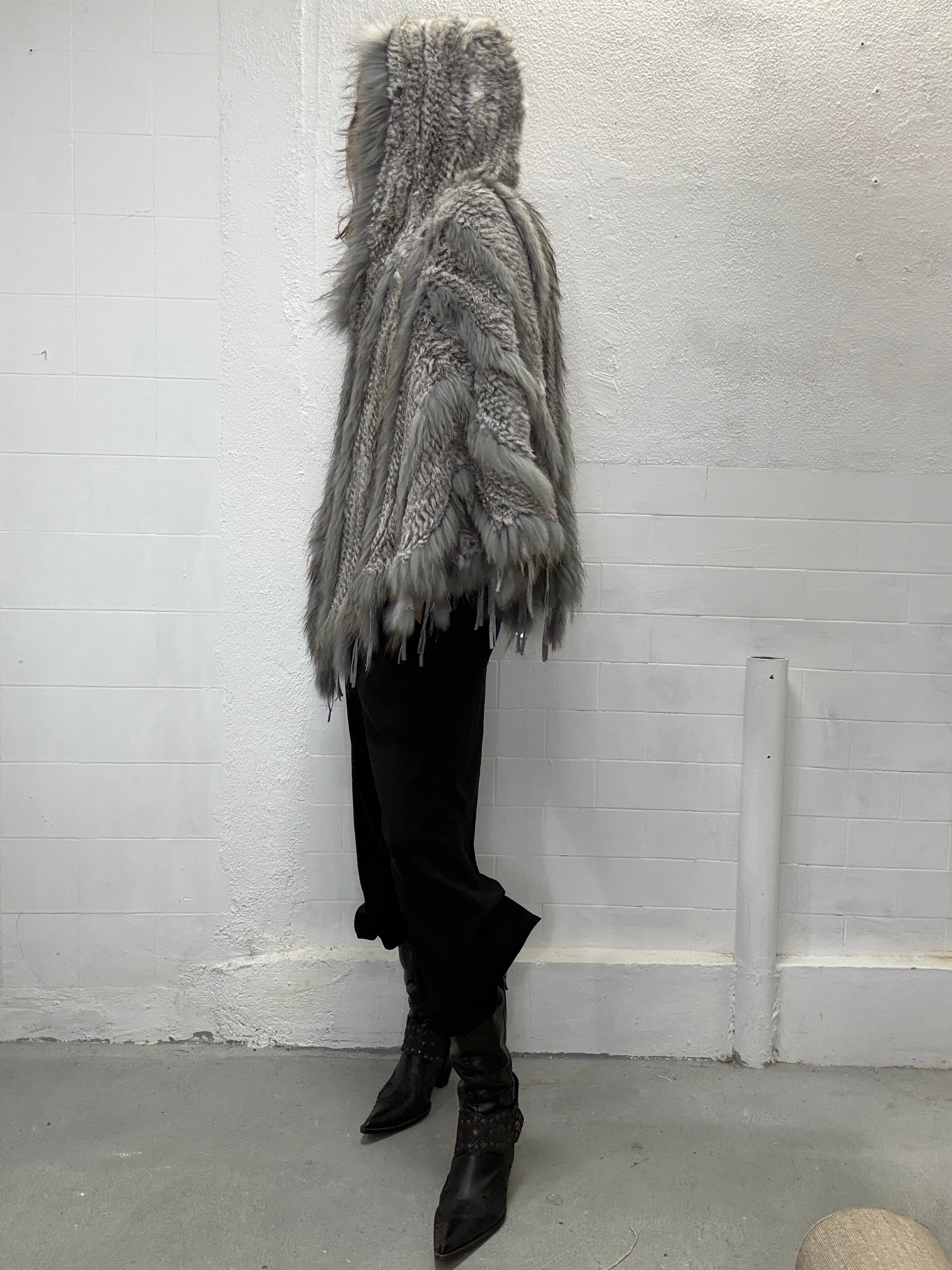 Vintage real fur poncho with hood and textured finish