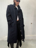 Super long navy wool vintage coat worn by model