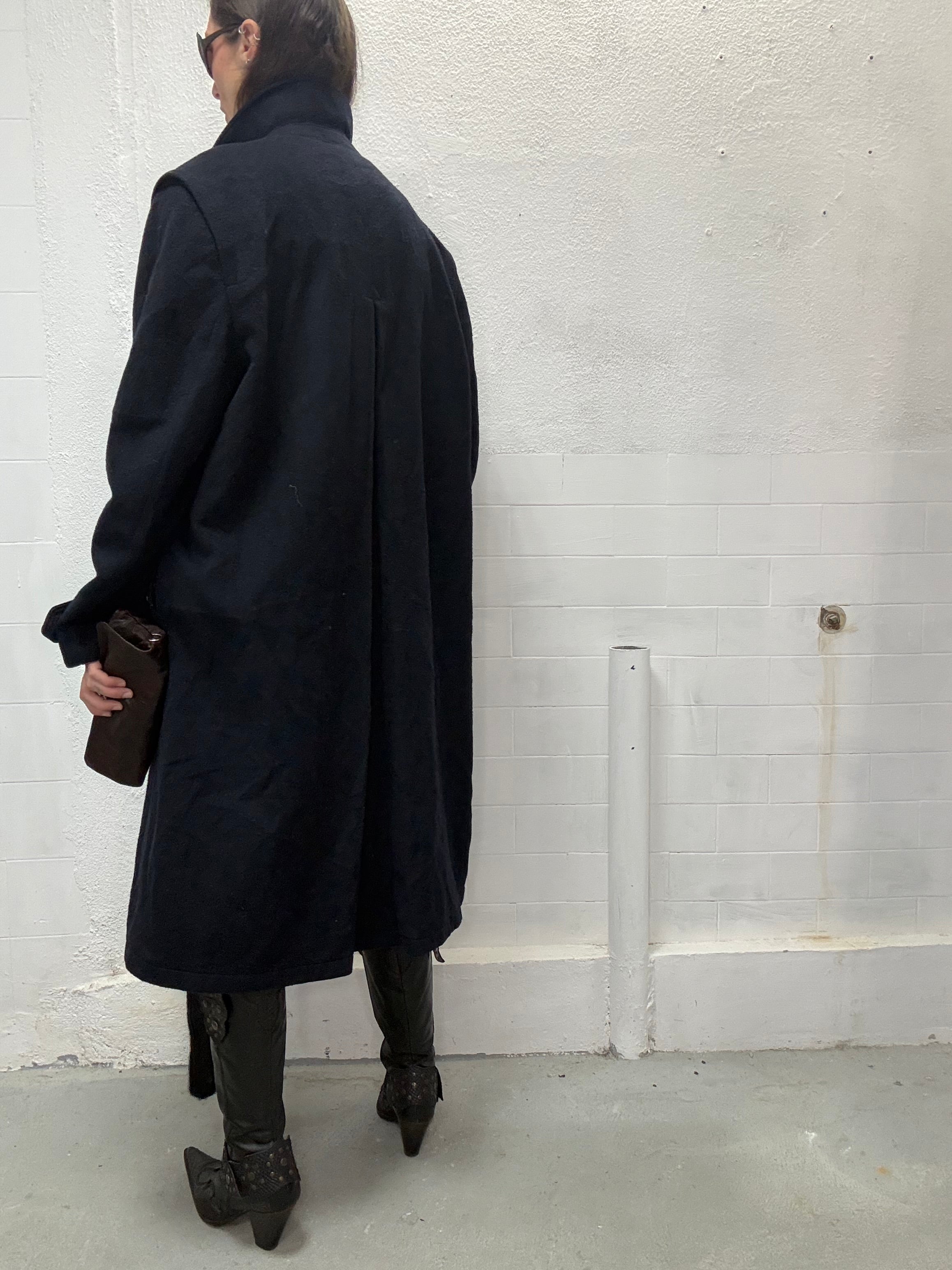 Classic vintage navy coat with plaid inner lining back view