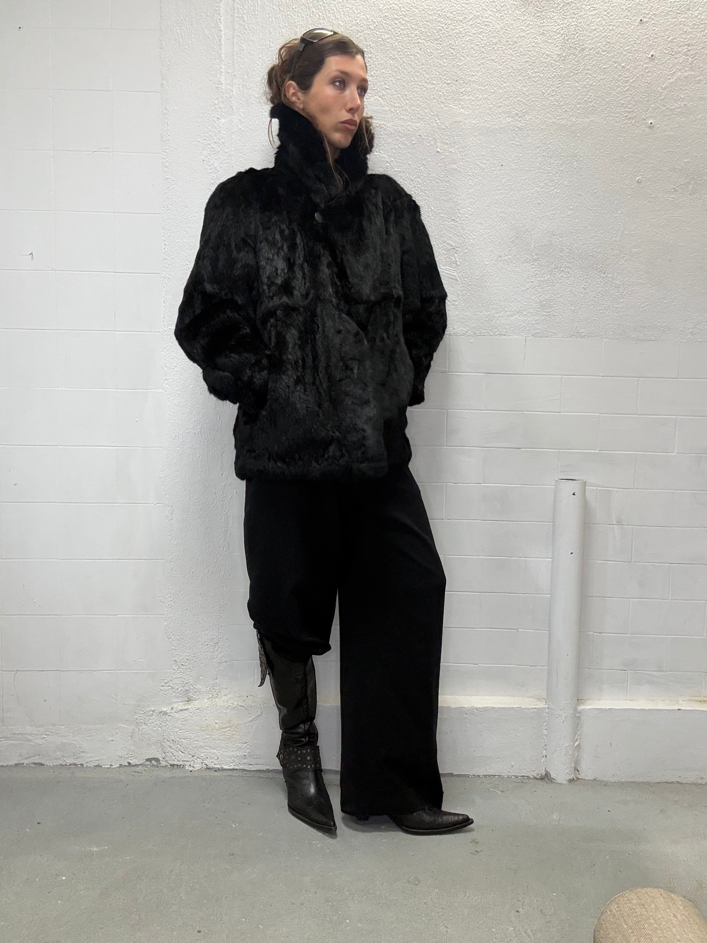 Vintage black real fur coat styled with tailored trousers