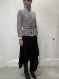 High neck wool jacket worn by model