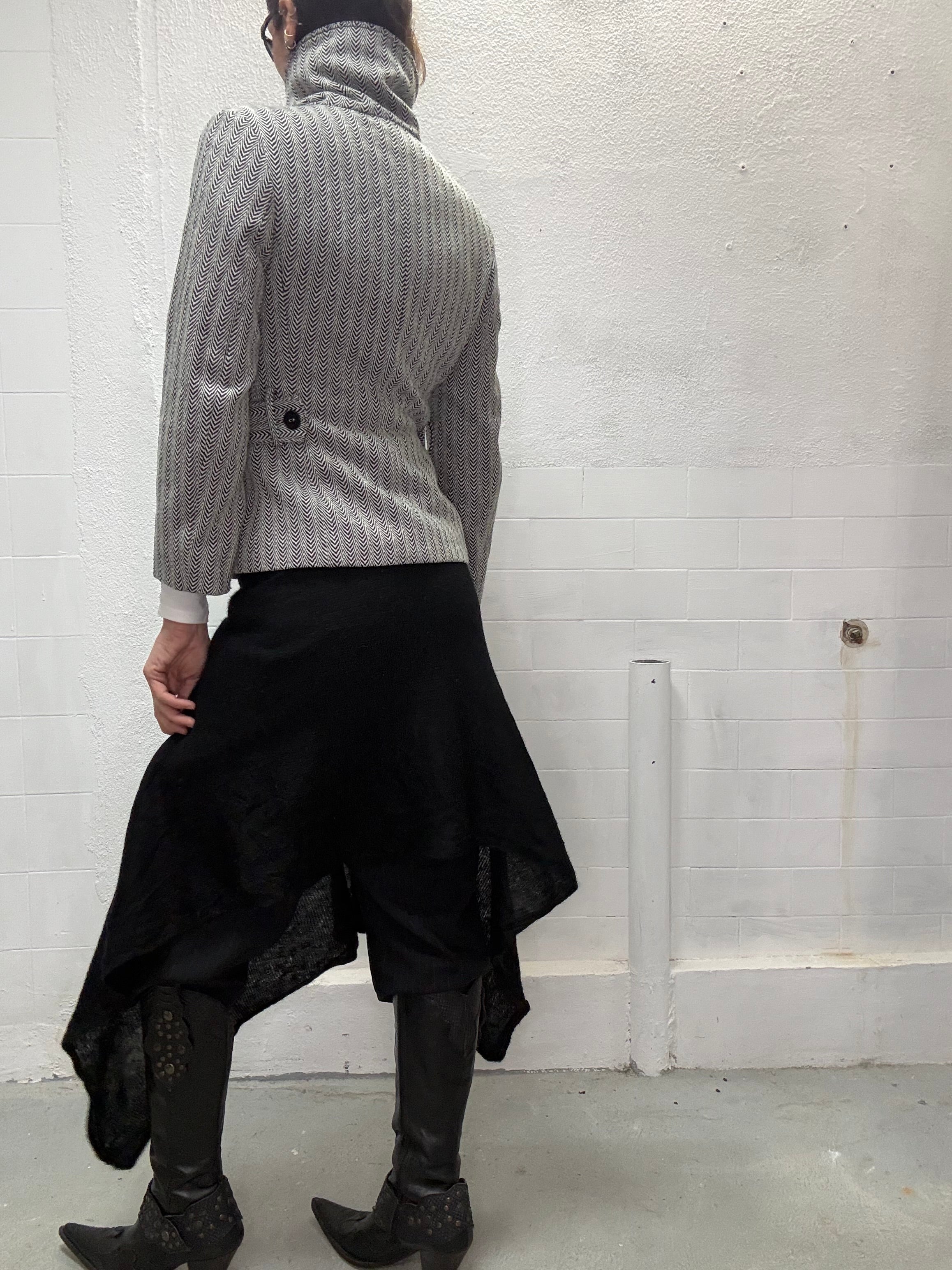 Minimalist high neck wool jacket outfit back view
