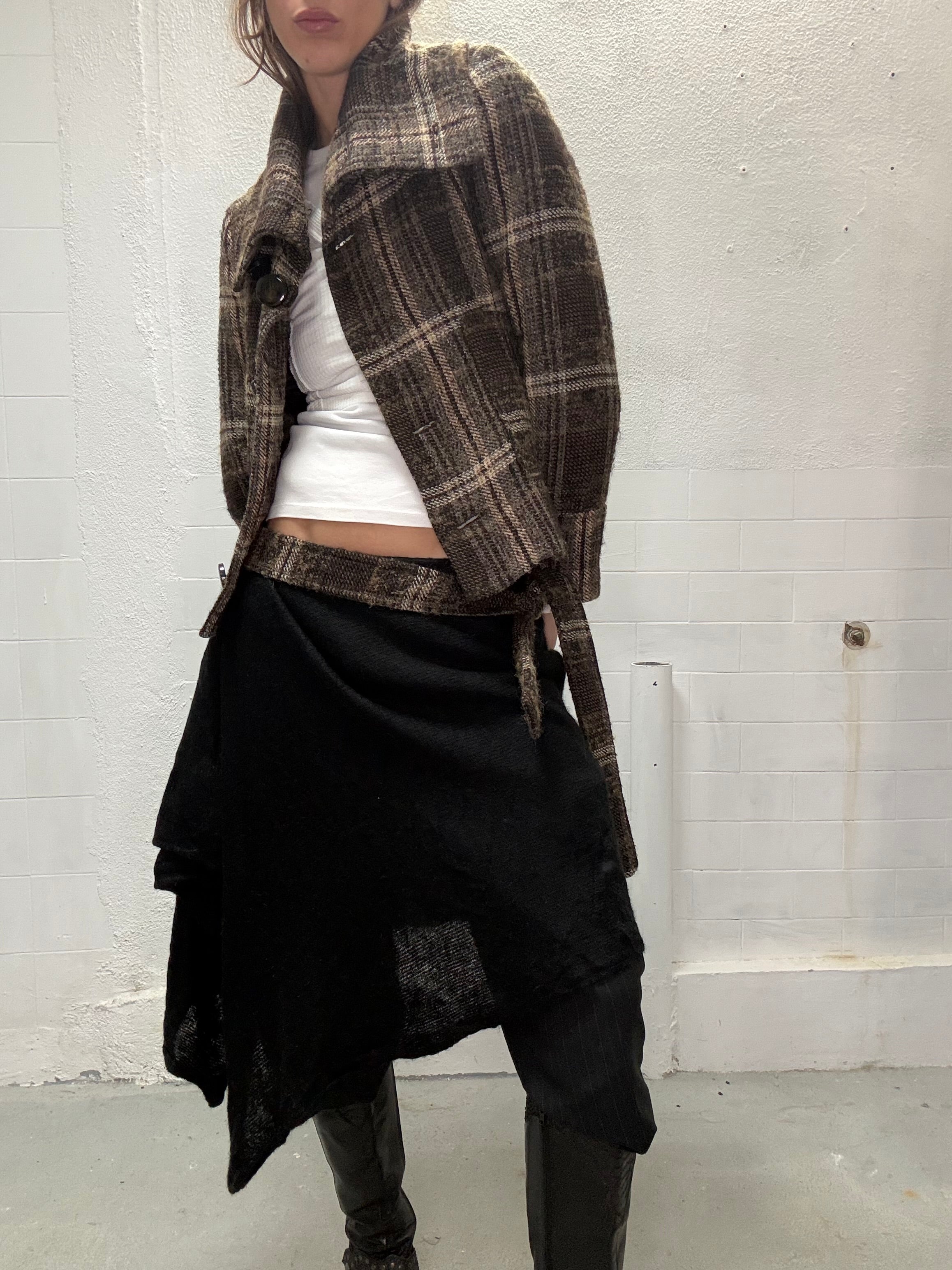 High neck check coat women vintage styling