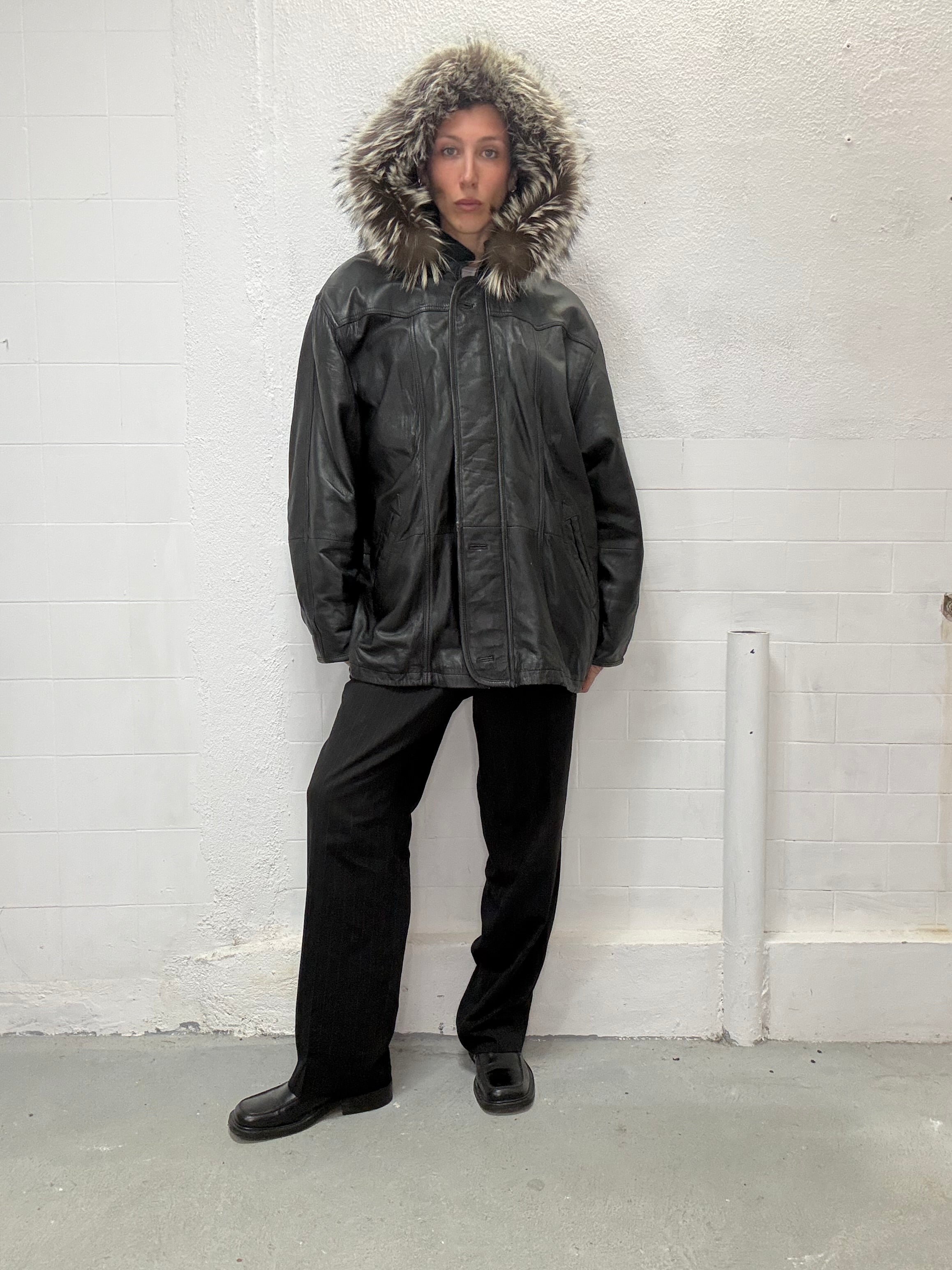 Vintage leather and fur parka coat styled on model