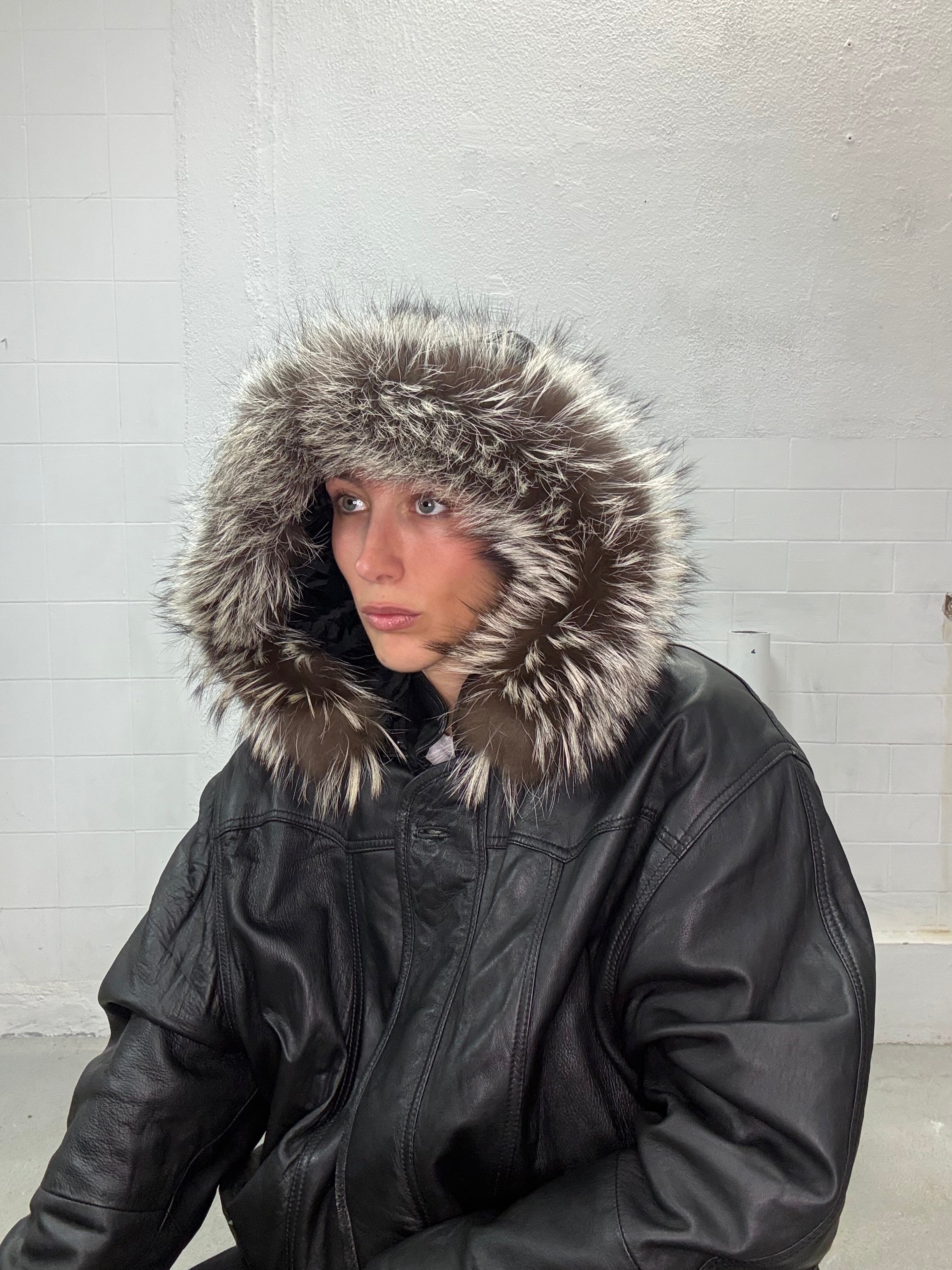 Leather parka coat with fur-lined hood