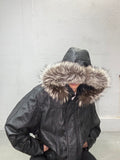 Vintage black leather parka with fur hood