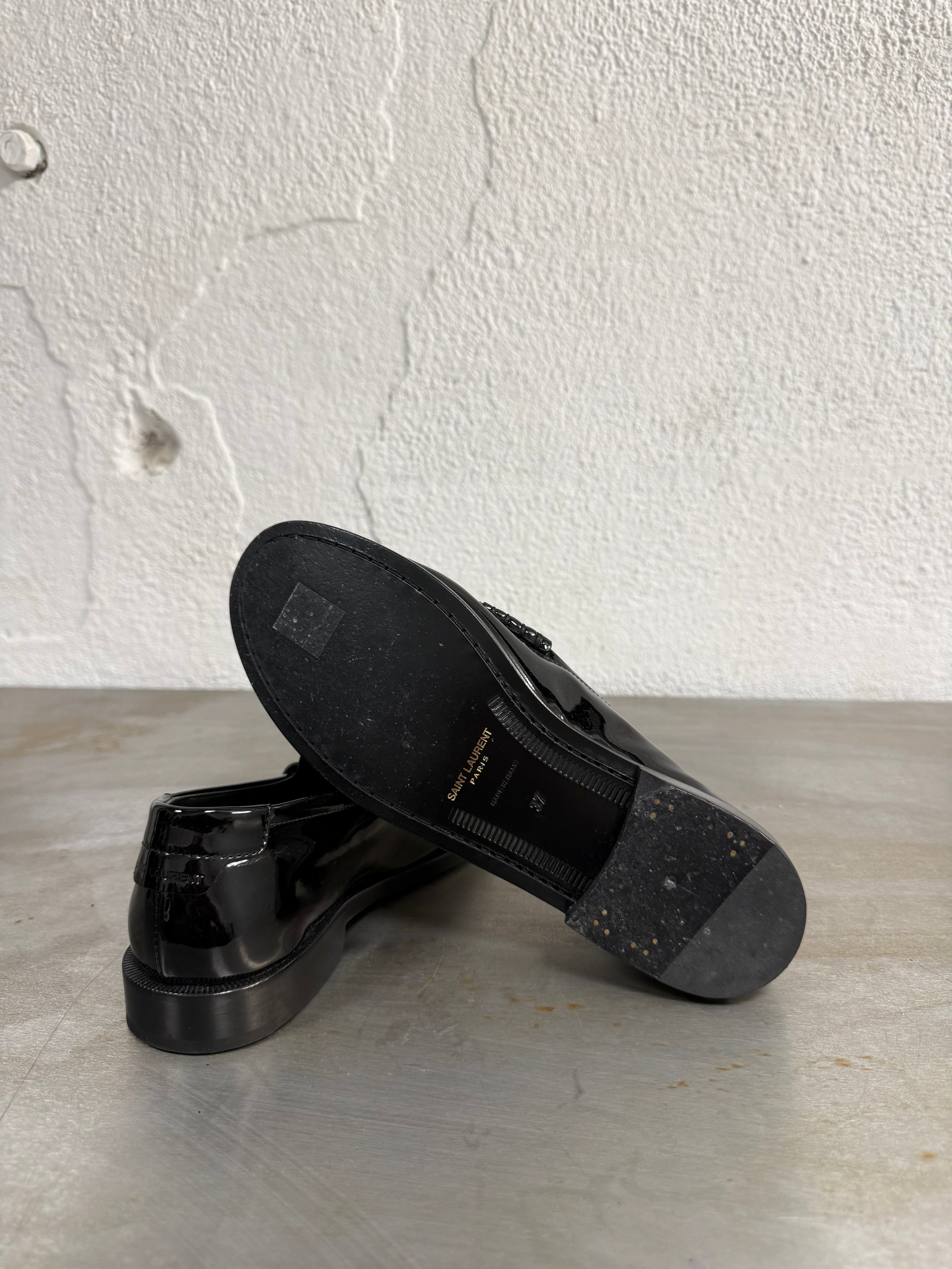Black patent loafers luxury footwear shoe sole view