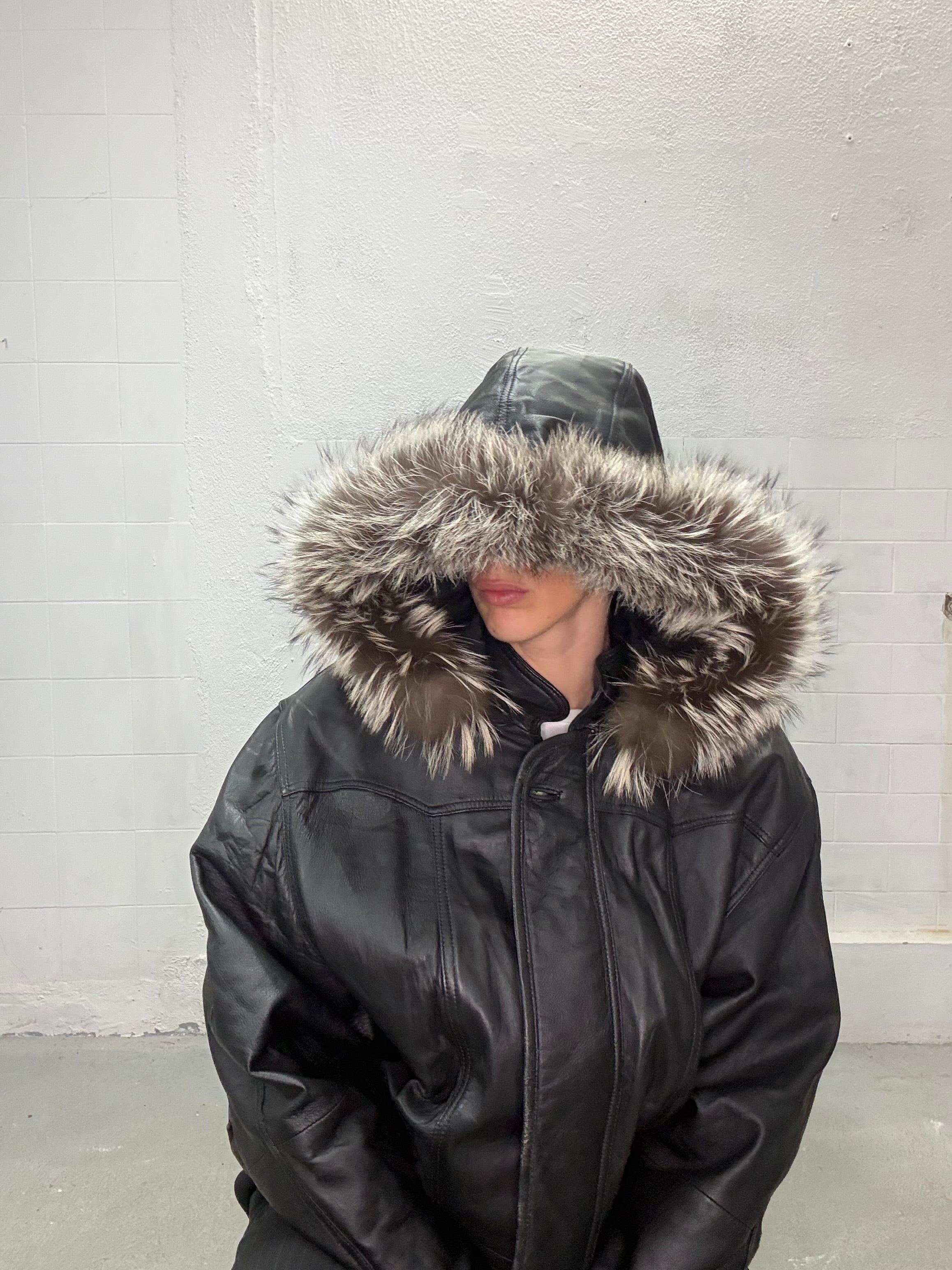 Medium long leather parka winter outerwear
