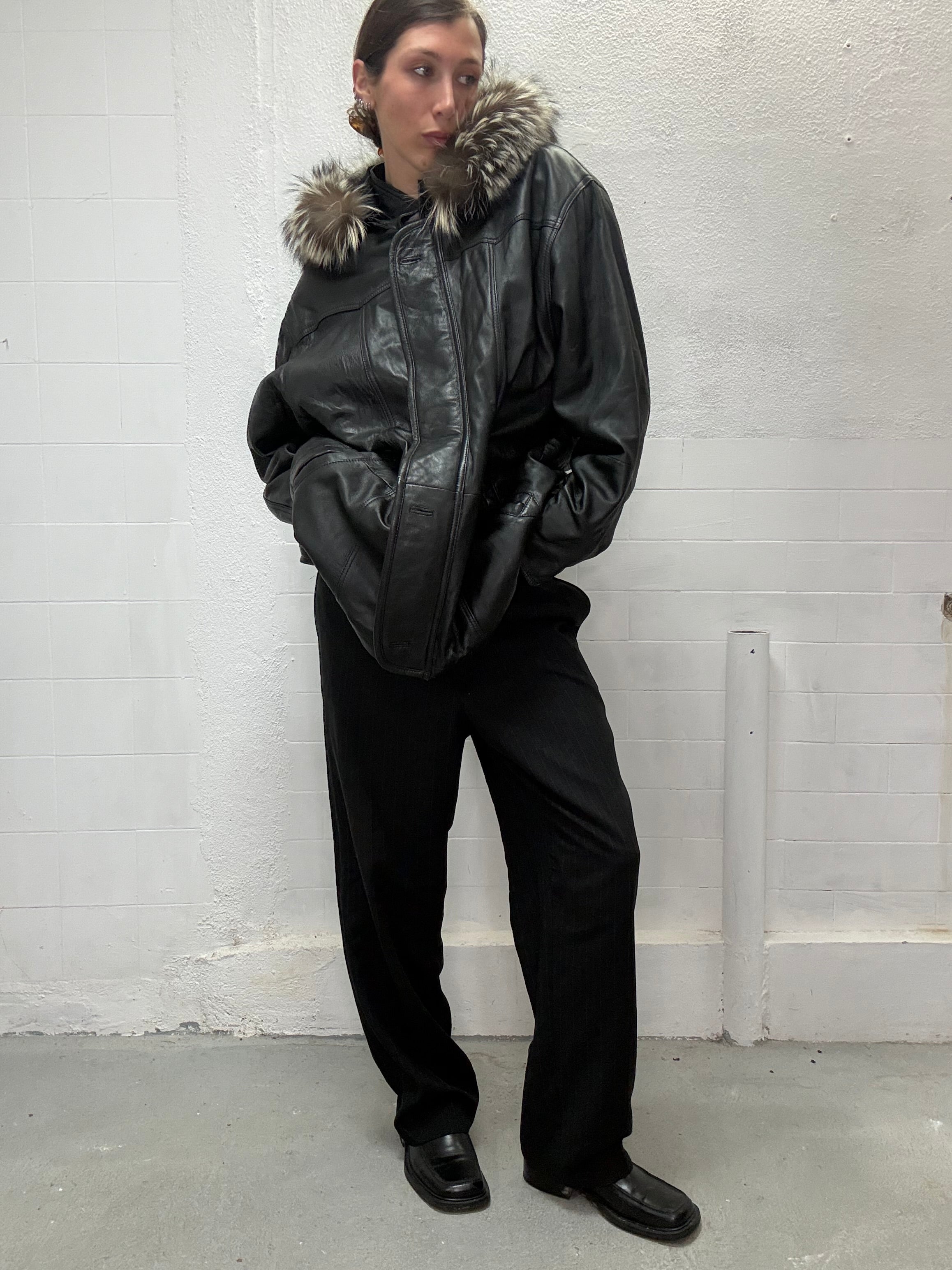 Vintage black leather parka front view