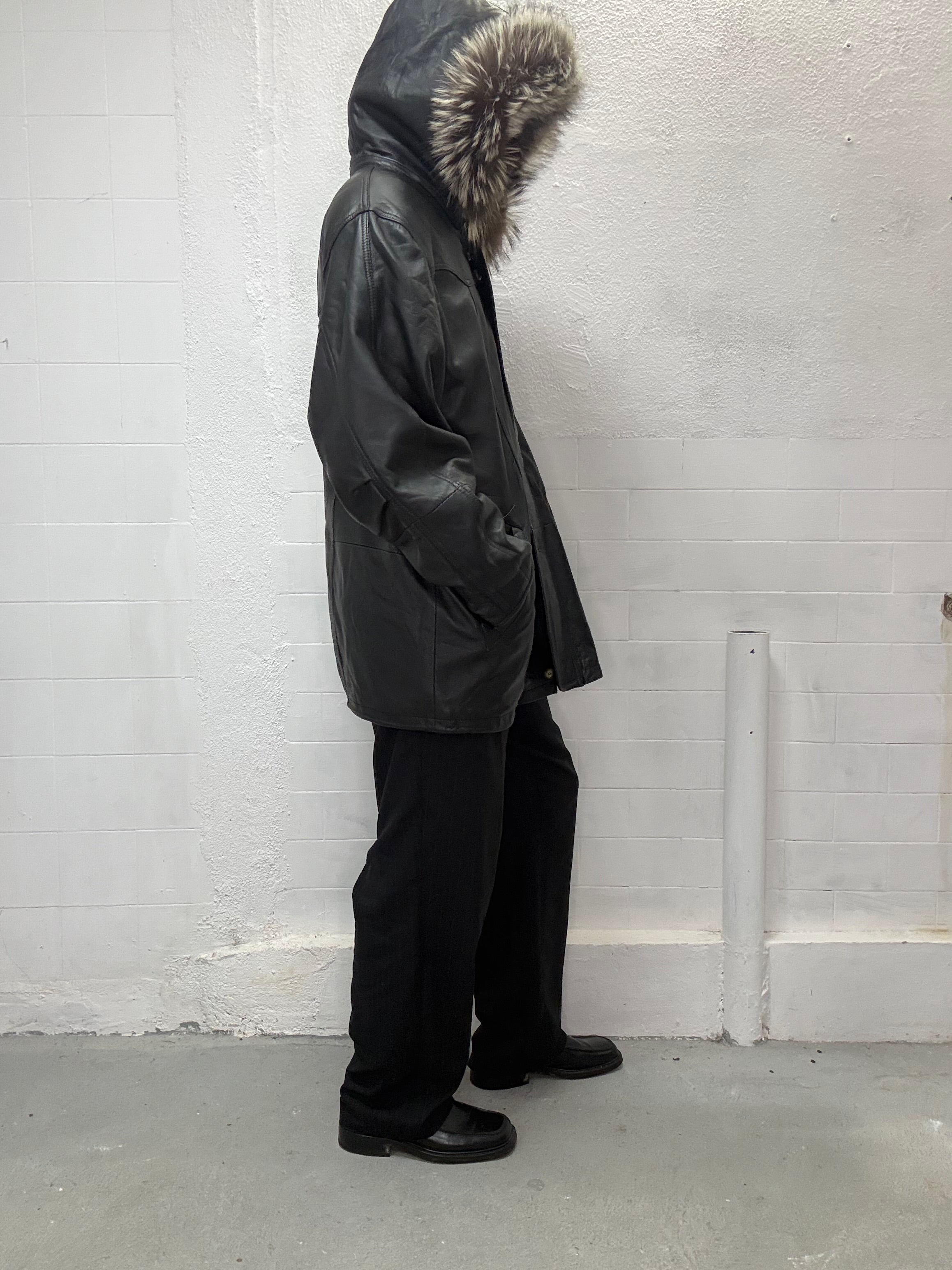 Real leather parka with statement fur hood side view