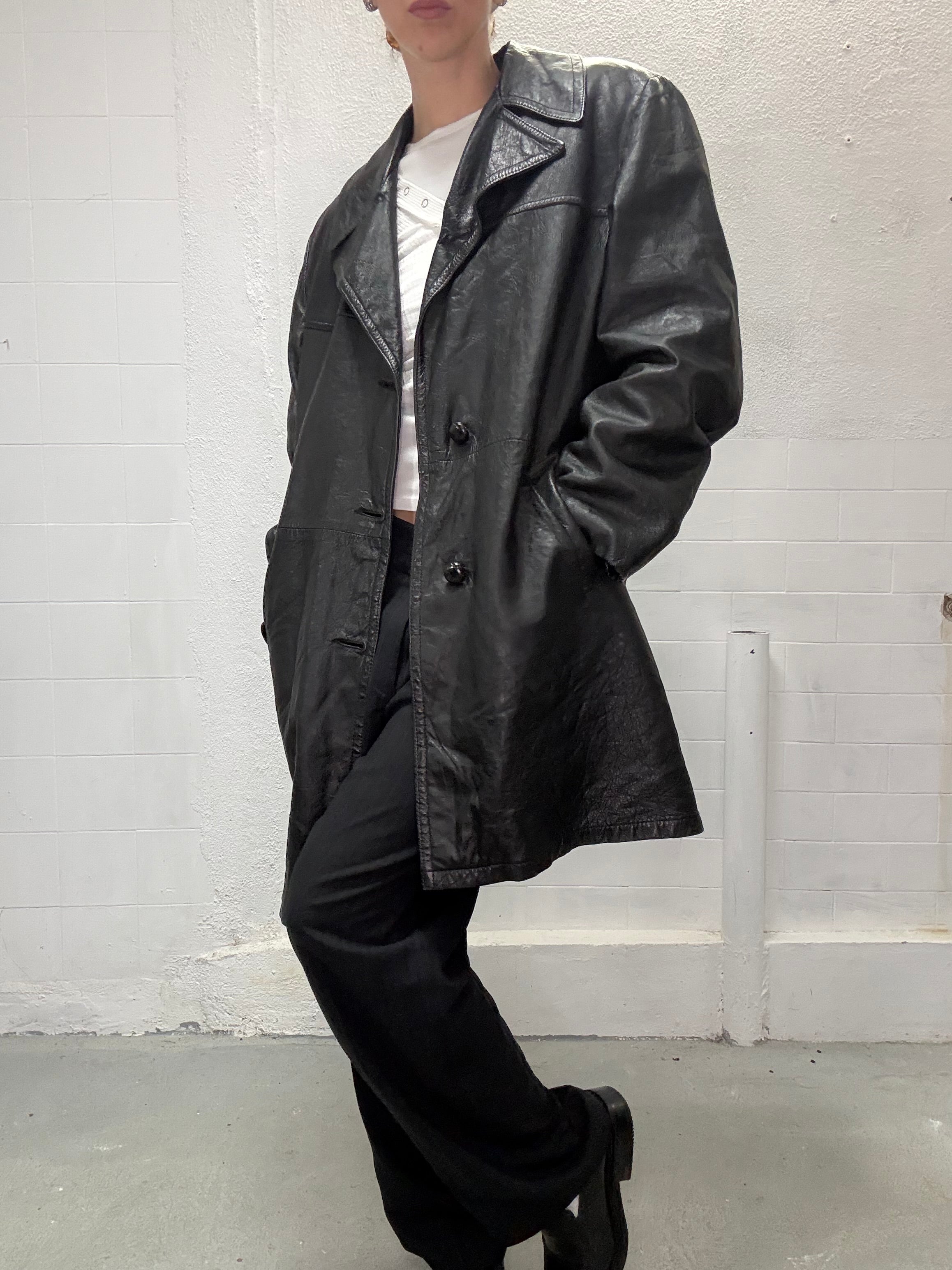 Medium long leather trench coat oversized fit