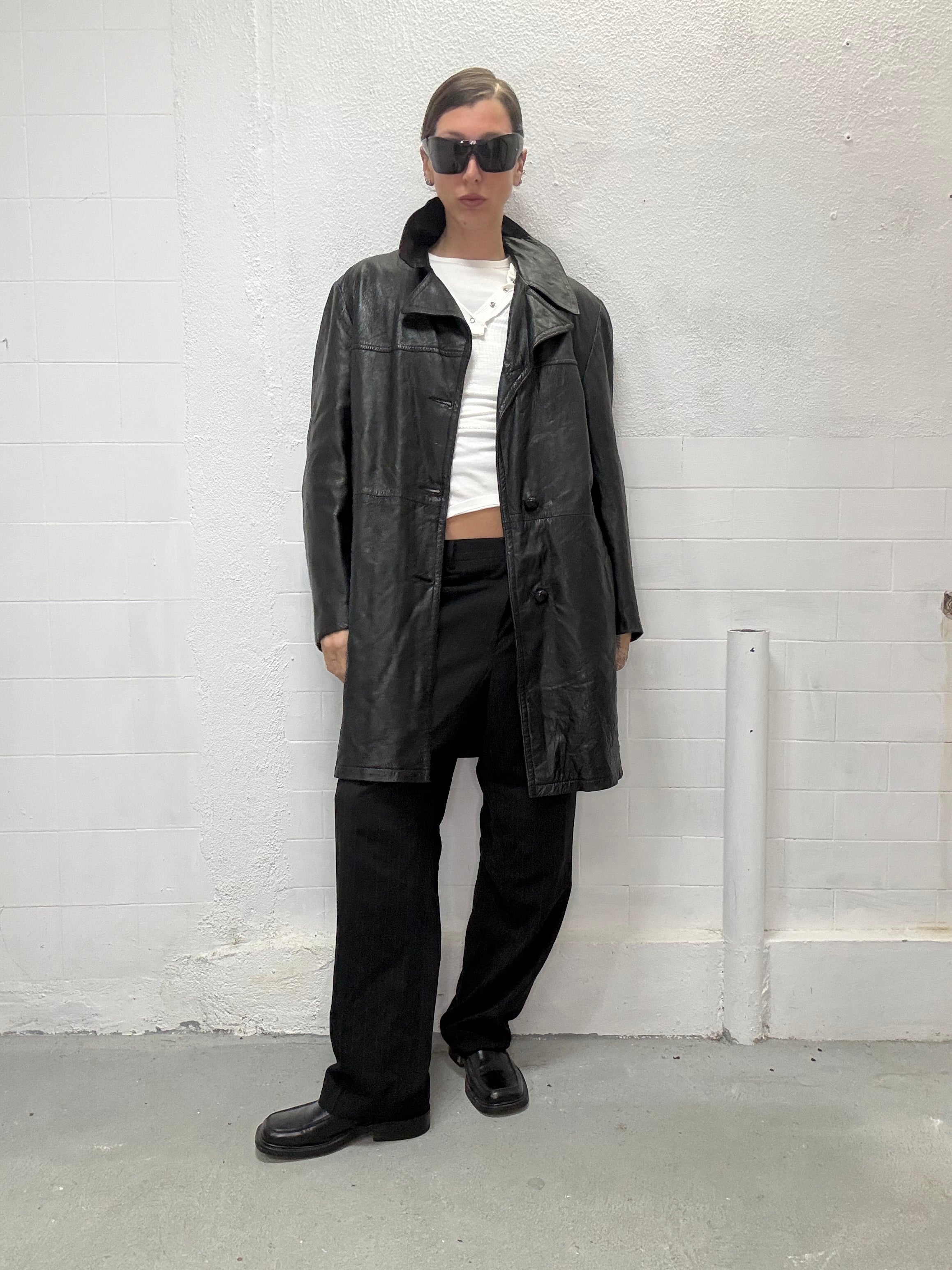 Vintage leather trench coat medium length black