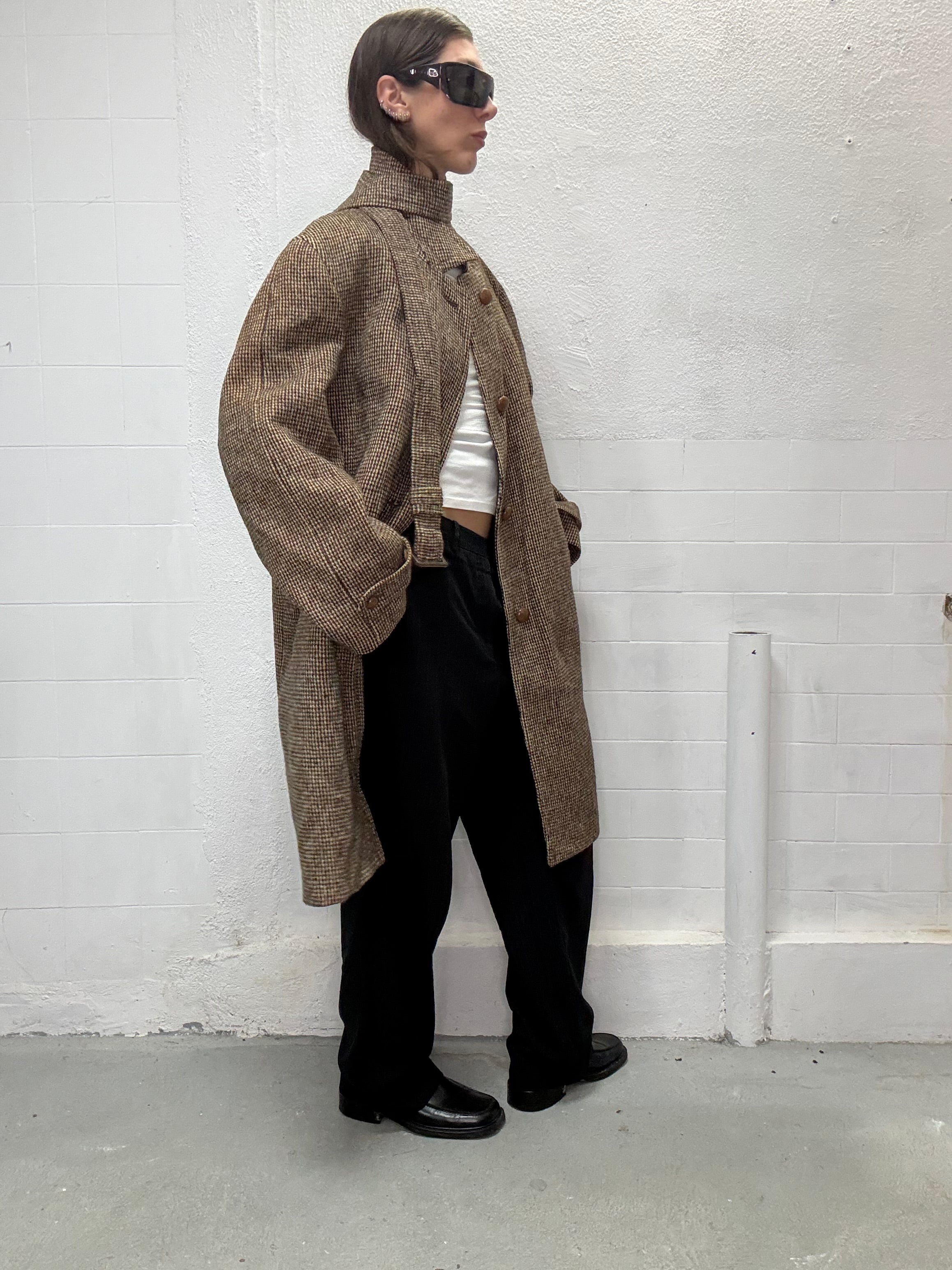 Brown beige check vintage wool coat worn by model
