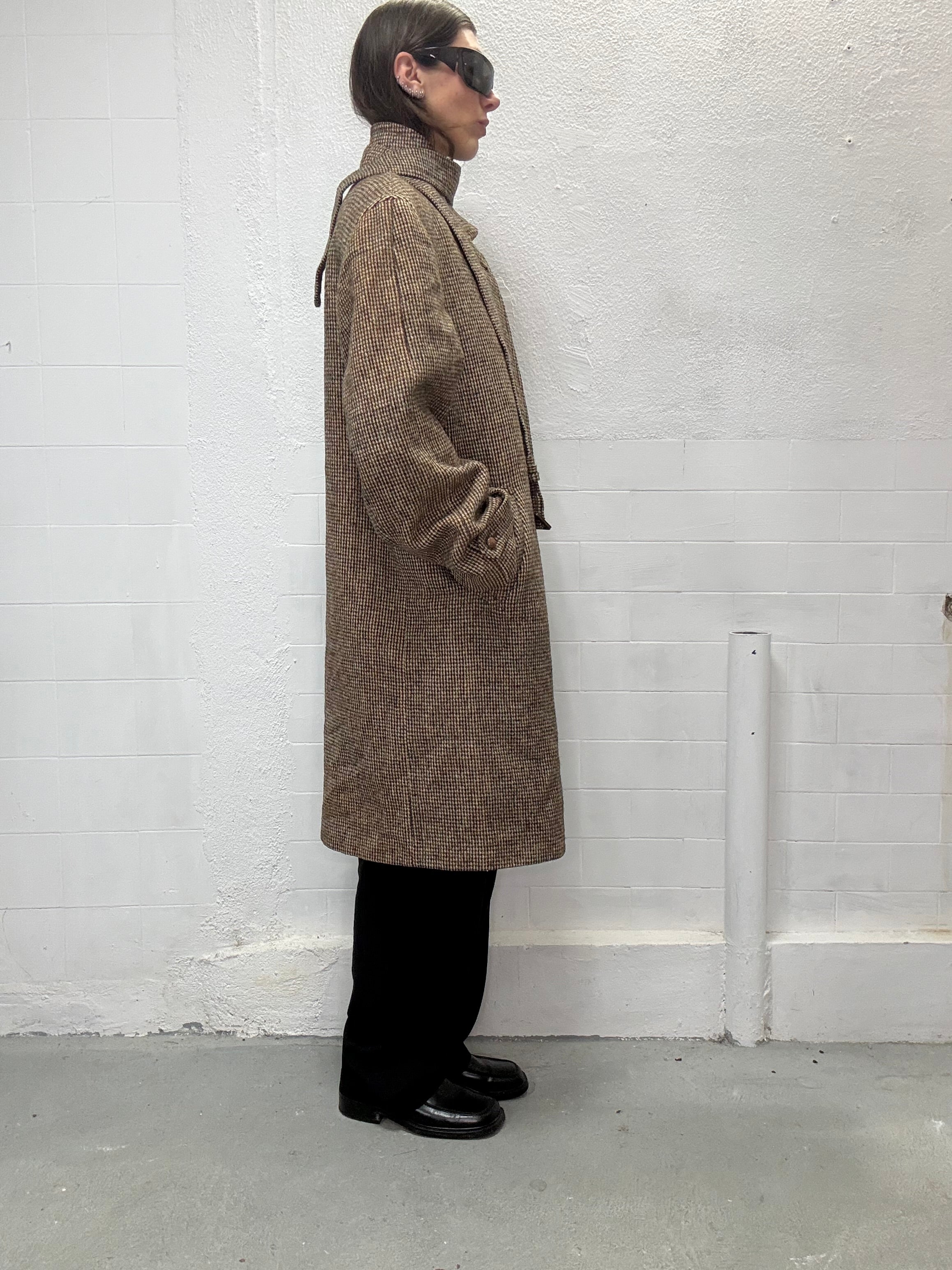 Long wool coat with brown beige pattern side view